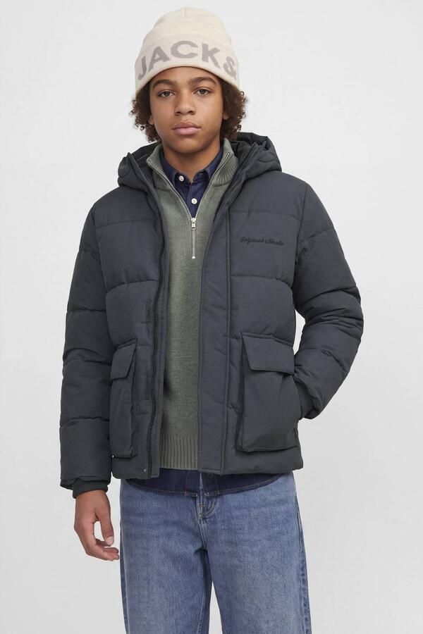 JACK & JONES JUNIOR pufferjas donkergrijs Jongens Polyester Capuchon