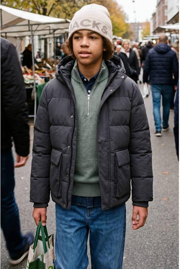JACK & JONES JUNIOR pufferjas donkergrijs Jongens Polyester Capuchon - Foto 2