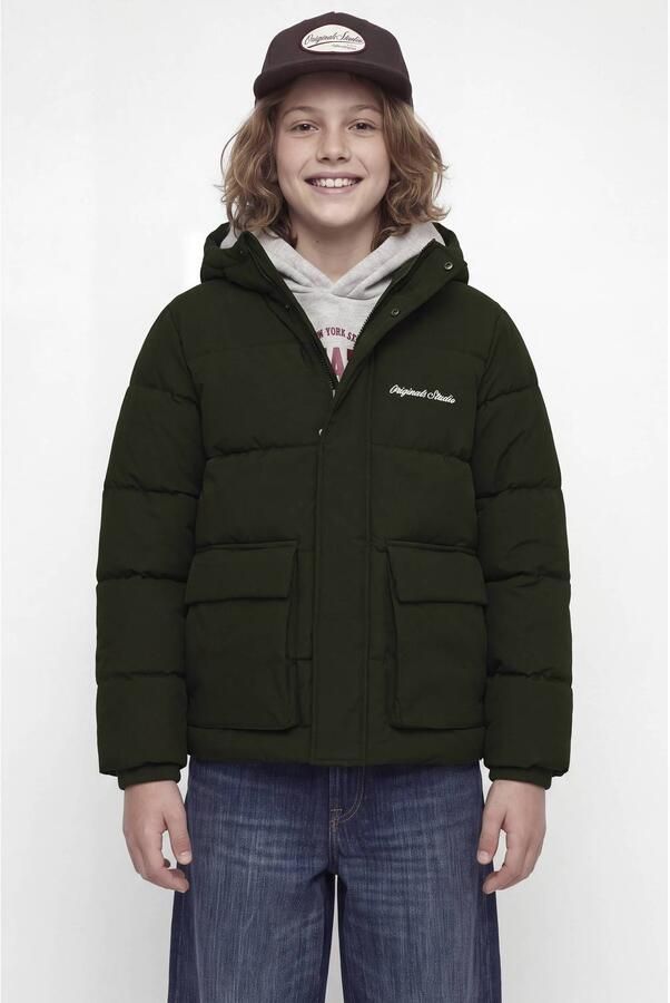 JACK & JONES JUNIOR pufferjas donkergroen Jongens Polyester Capuchon