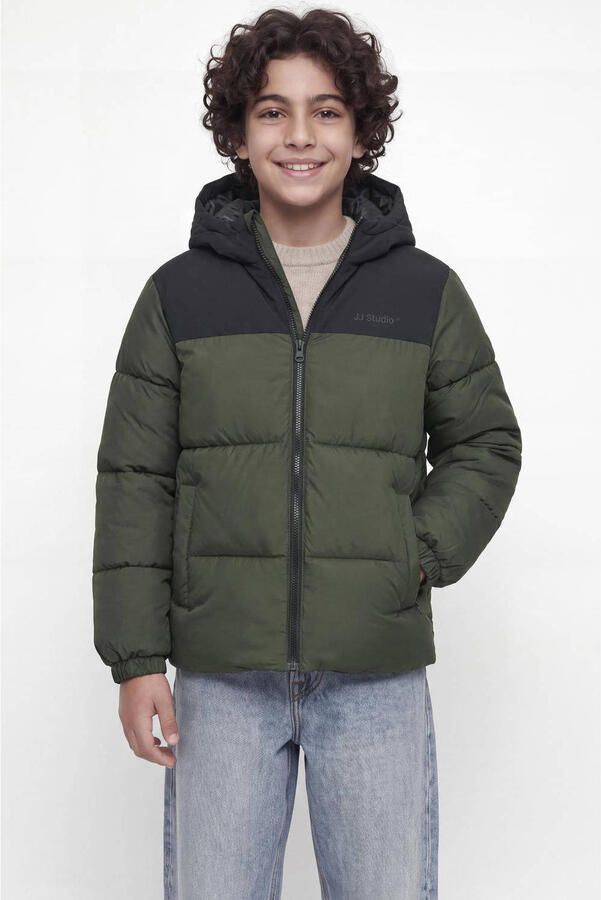 JACK & JONES JUNIOR pufferjas groen Jongens Polyester Capuchon Meerkleurig