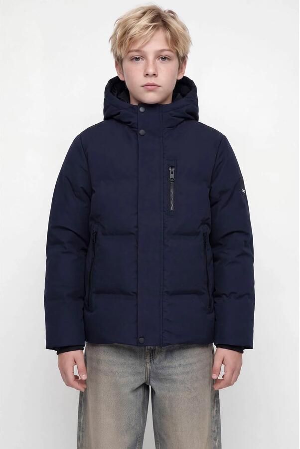JACK & JONES JUNIOR pufferjas marineblauw Jongens Polyester Capuchon