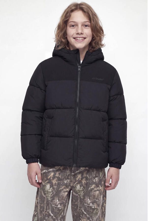JACK & JONES JUNIOR pufferjas zwart Jongens Polyester Capuchon Effen