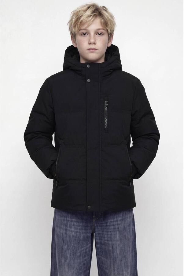 JACK & JONES JUNIOR pufferjas zwart Jongens Polyester Capuchon Effen