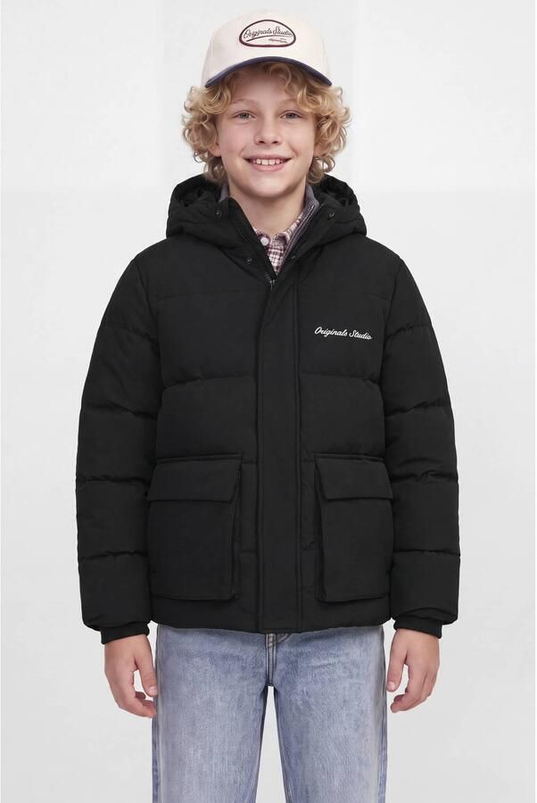 JACK & JONES JUNIOR pufferjas zwart Jongens Polyester Capuchon Effen