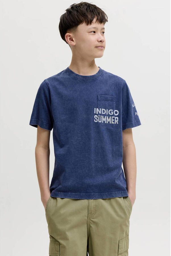 JACK & JONES JUNIOR T-shirt blauw Jongens Katoen Ronde hals Tekst