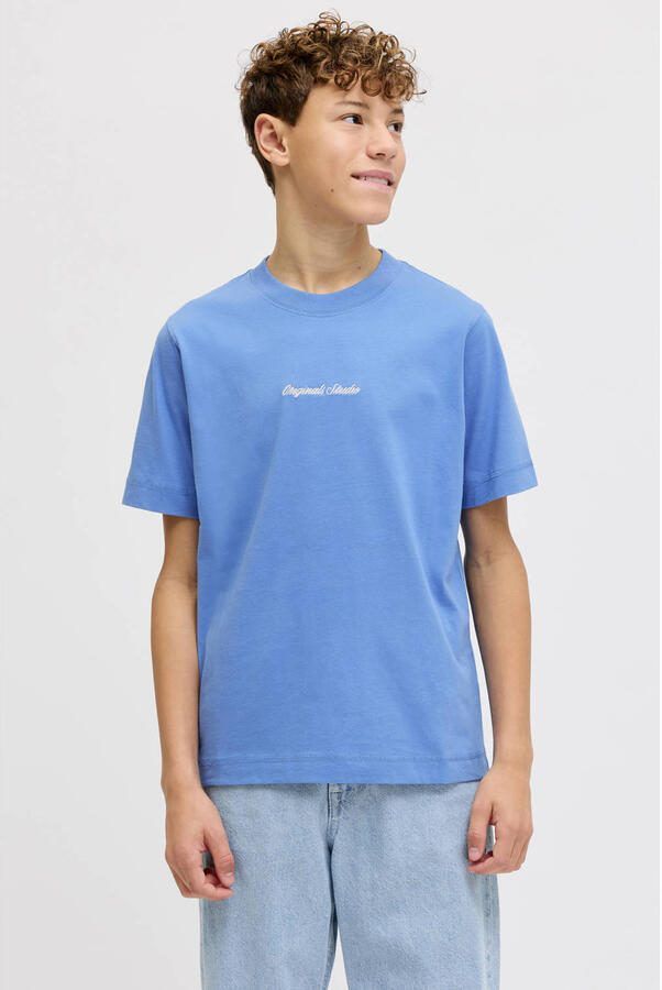 JACK & JONES JUNIOR T-shirt blauw Jongens Katoen Ronde hals Tekst