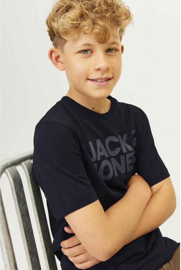 Jack & jones JUNIOR T-shirt JJECORP met tekst marine Blauw Jongens Katoen Ronde hals 128