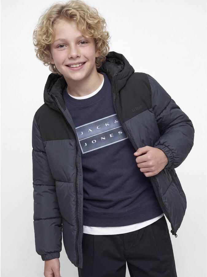 JACK & JONES JUNIOR winter pufferjas antraciet Grijs Jongens Polyester Capuchon - Foto 3