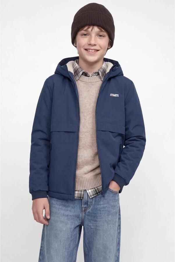 JACK & JONES JUNIOR winterjas donkerblauw Jongens Polyester Capuchon