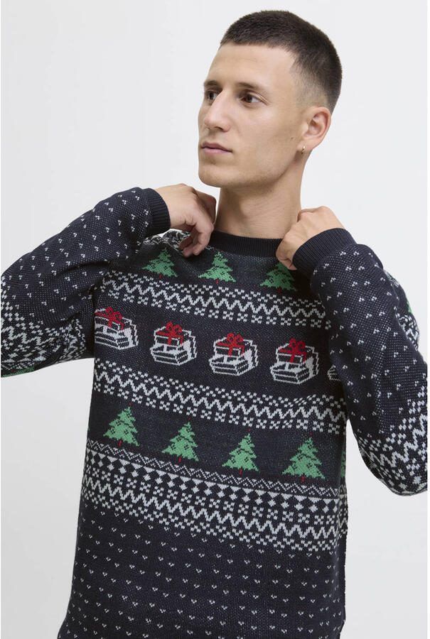 JACK & JONES kersttrui gebreid donkerblauw