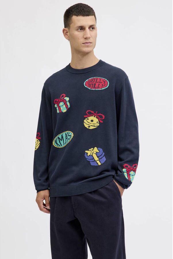 JACK & JONES ORIGINALS kersttrui gebreid donkerblauw