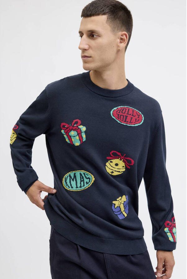 JACK & JONES ORIGINALS kersttrui gebreid donkerblauw - Foto 3