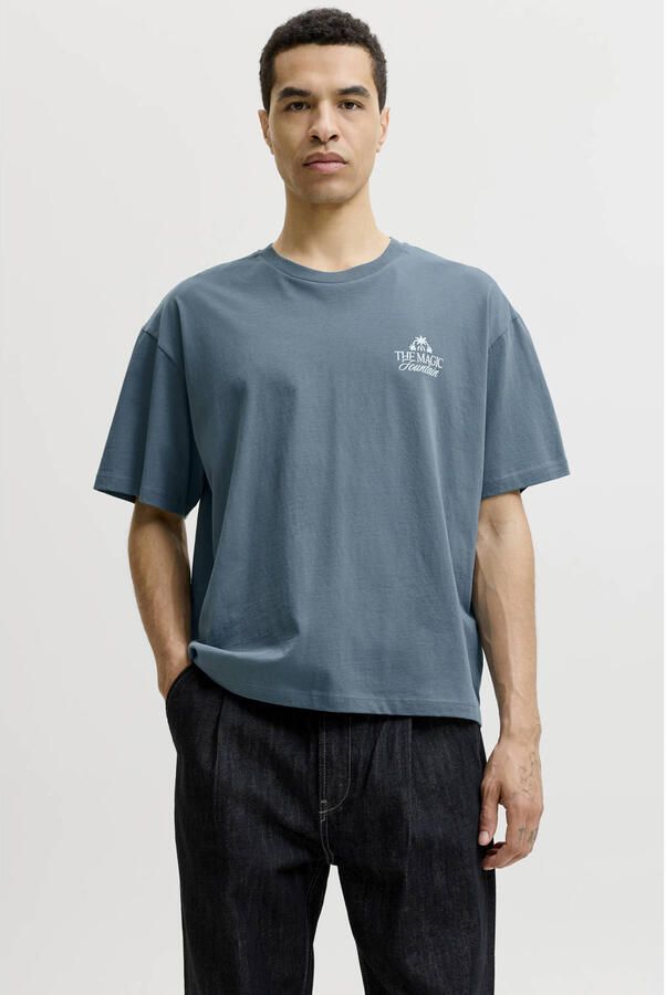 JACK & JONES ORIGINALS regular fit T-shirt met backprint blauw