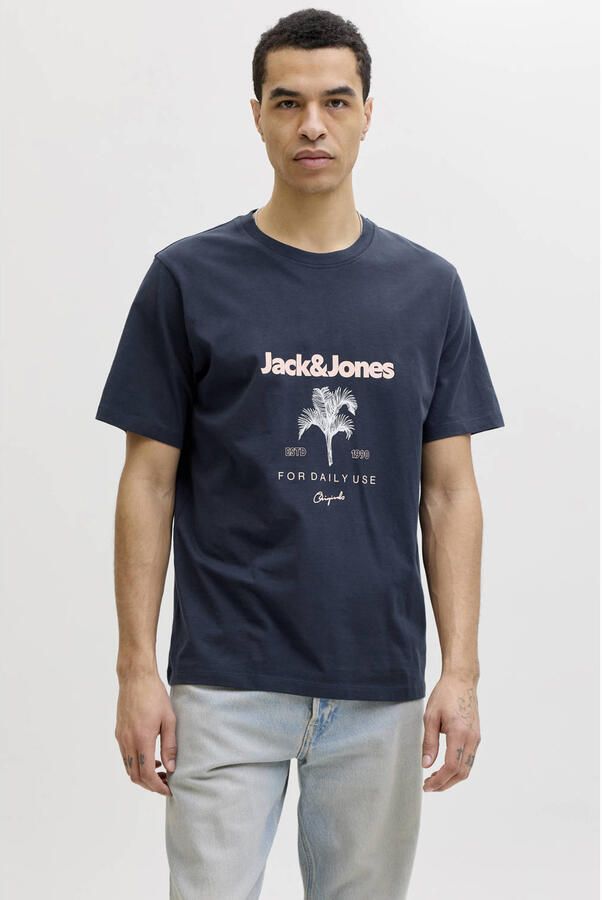 JACK & JONES ORIGINALS regular fit T-shirt met print donkerblauw