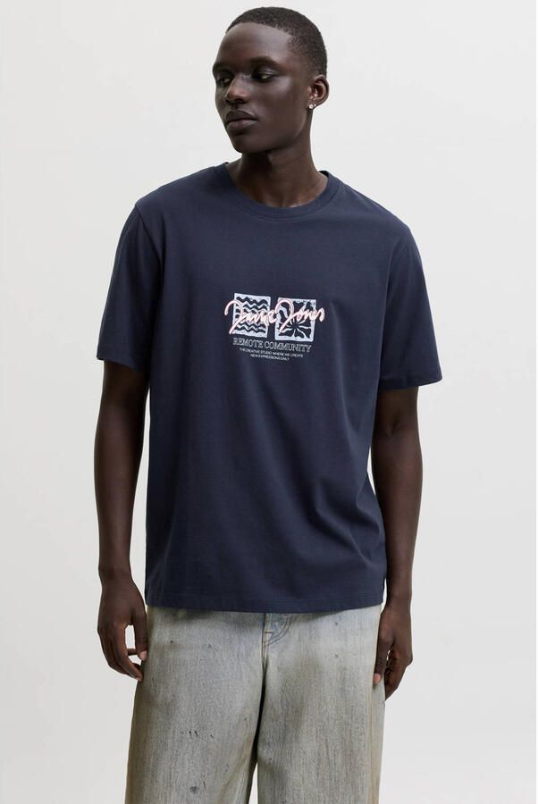 JACK & JONES ORIGINALS regular fit T-shirt met print donkerblauw