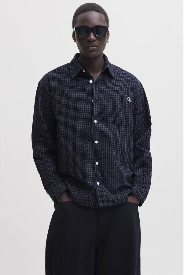 JACK & JONES ORIGINALS relaxed fit geruit overshirt met borduursels donkerblauw