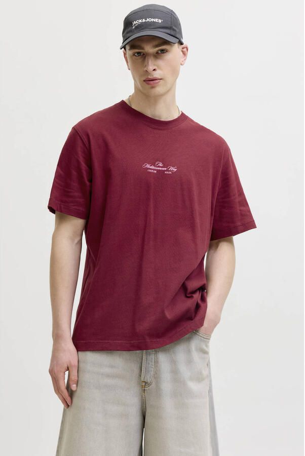 JACK & JONES ORIGINALS relaxed T-shirt met backprint donkerrood