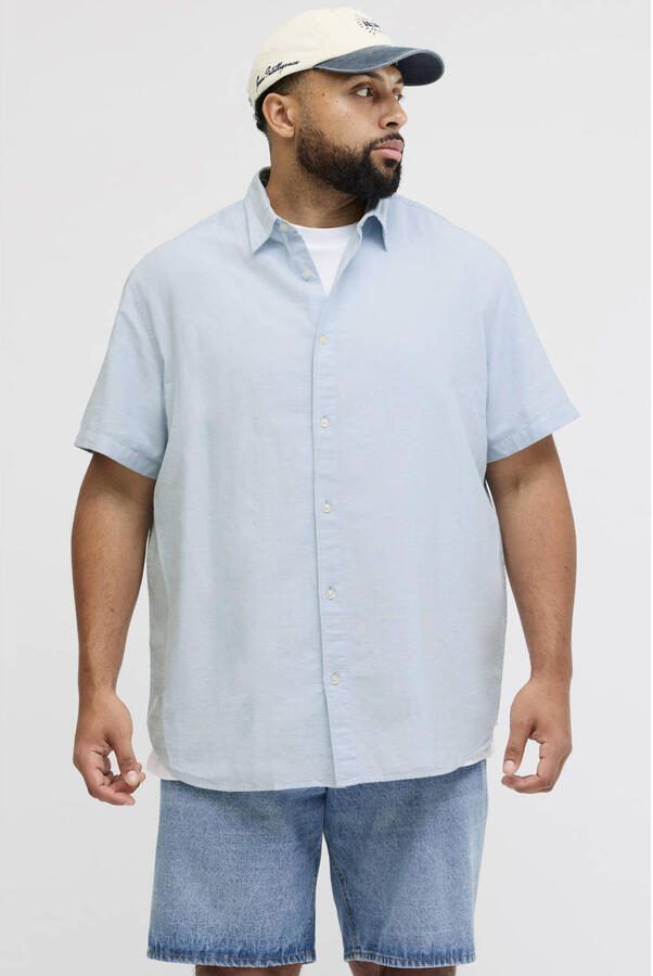 JACK & JONES PLUS SIZE regular casual overhemd met linnen lichtblauw