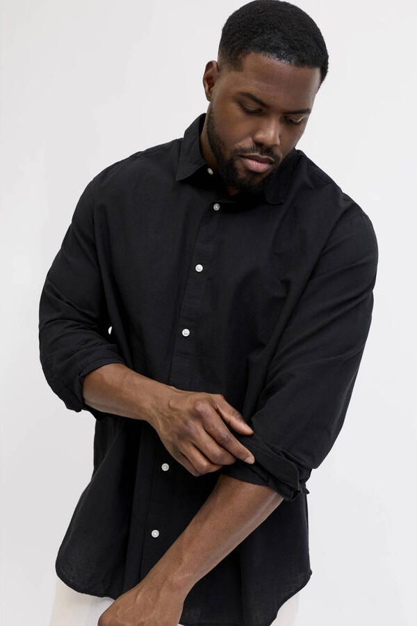 JACK & JONES PLUS SIZE regular casual overhemd met linnen Plus Size zwart - Foto 3