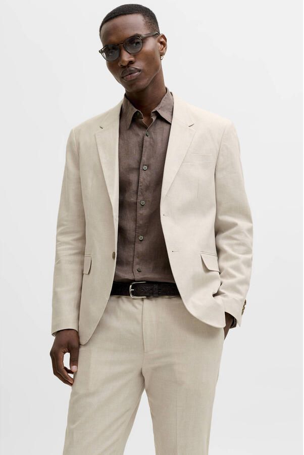JACK & JONES PREMIUM colbert met linnen beige