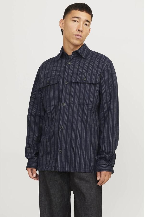 JACK & JONES PREMIUM linnen comfort fit overshirt donkerblauw - Foto 2