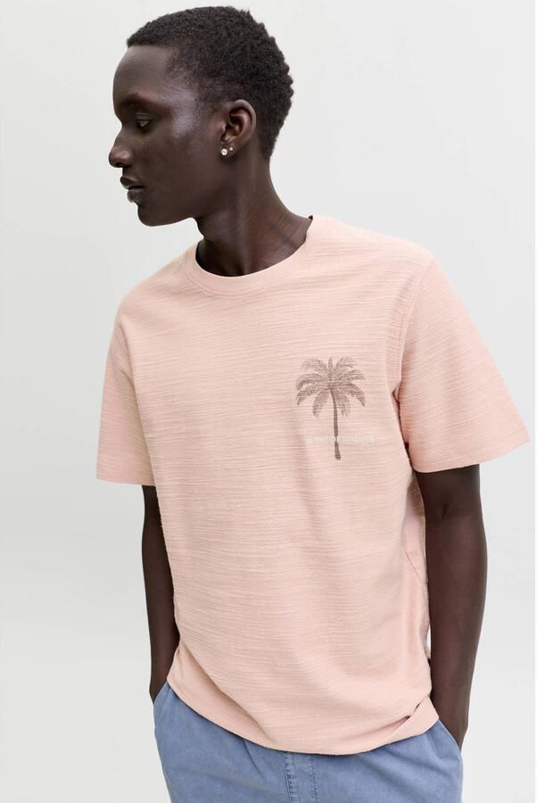 JACK & JONES PREMIUM linnen regular fit T-shirt met print en textuur roze