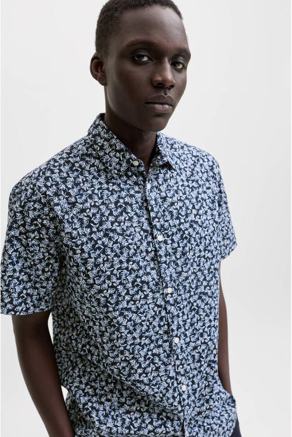 JACK & JONES PREMIUM regular casual overhemd met linnen donkerblauw - Foto 3