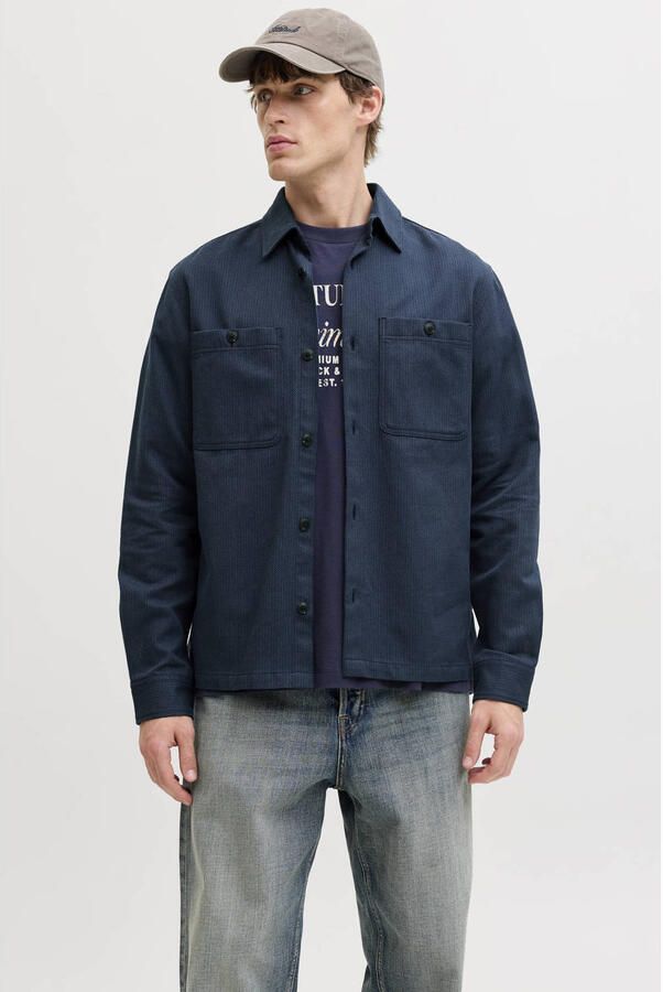 JACK & JONES PREMIUM regular casual overhemd met linnen donkerblauw