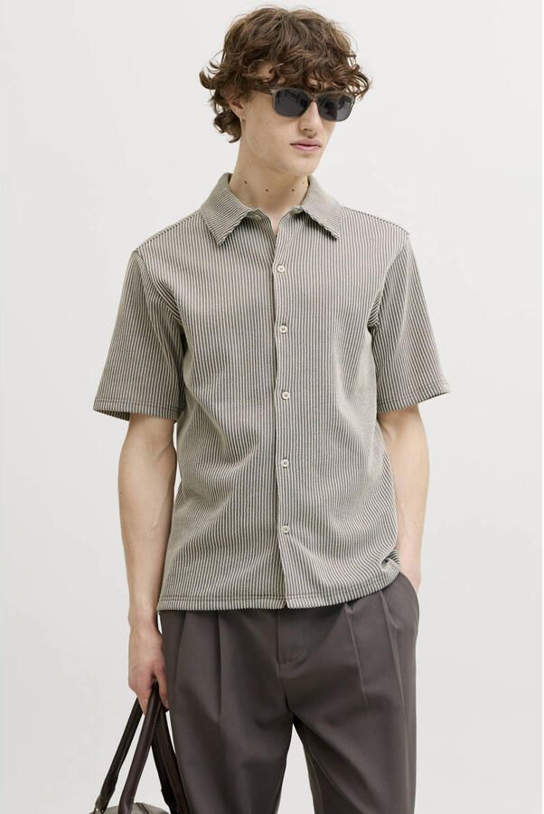 JACK & JONES PREMIUM regular gestreept casual overhemd met ingebreid patroon taupe
