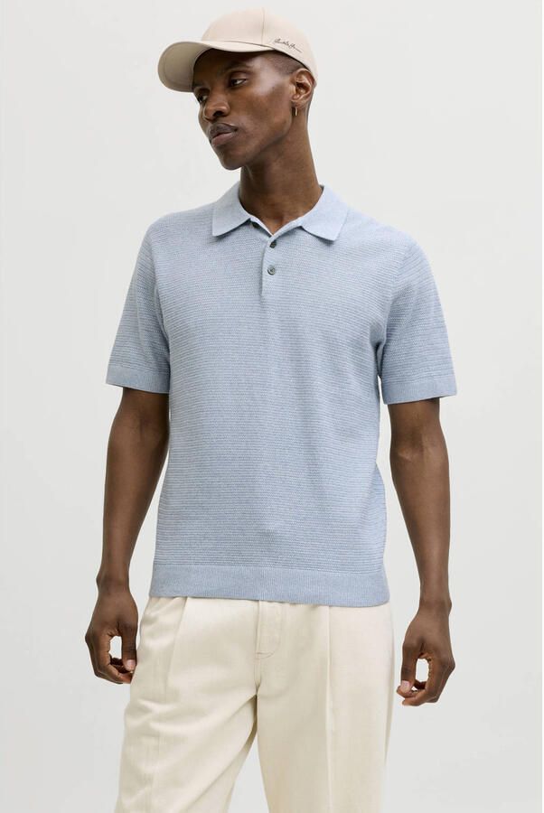 JACK & JONES PREMIUM regular polo lichtblauw gebreid