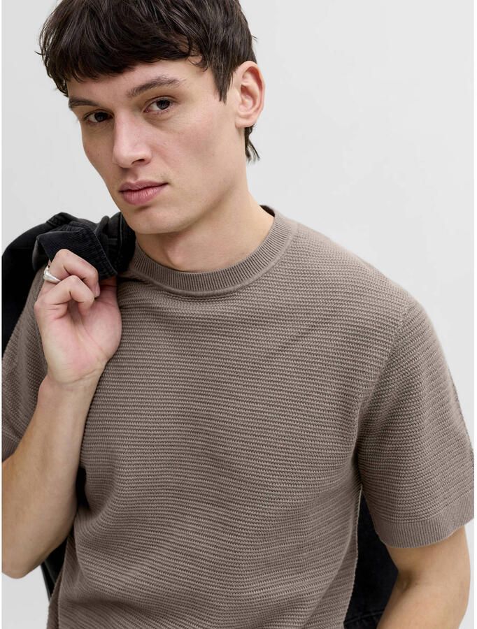 JACK & JONES PREMIUM regular T-shirt taupe met ingebreid patroon - Foto 2