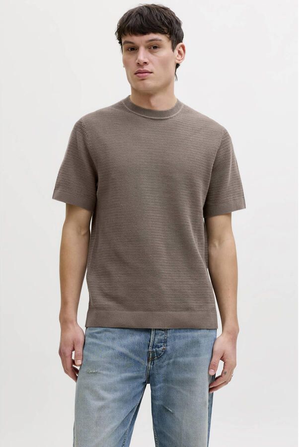 JACK & JONES PREMIUM regular T-shirt taupe met ingebreid patroon