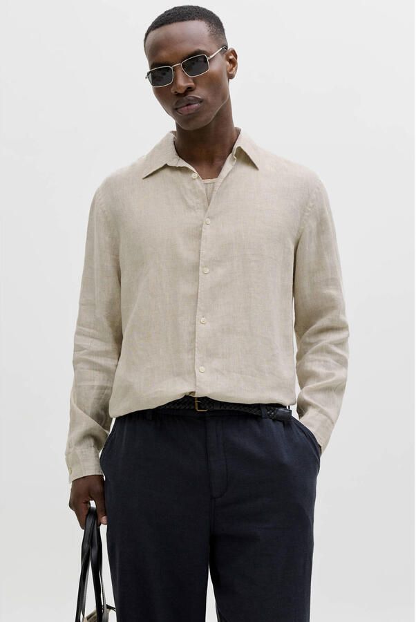 JACK & JONES PREMIUM relaxed casual overhemd met linnen beige