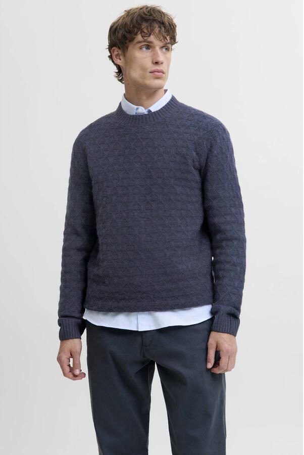 JACK & JONES PREMIUM trui met wol gebreid blauw