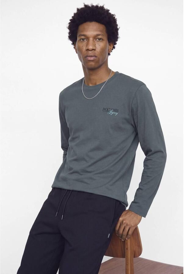 JACK & JONES regular fit longsleeve met logo grijsblauw - Foto 2