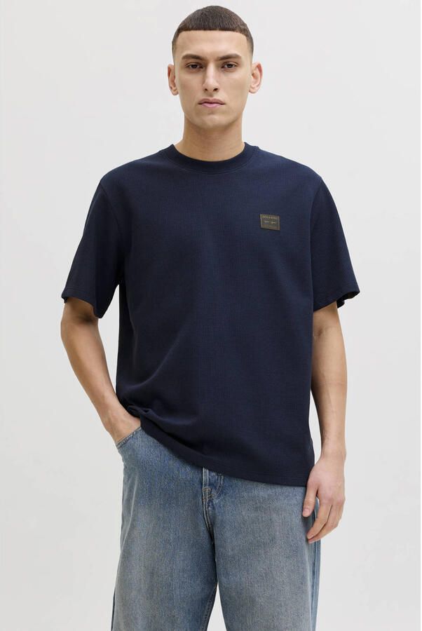 JACK & JONES relaxed T-shirt met textuur donkerblauw - Foto 2