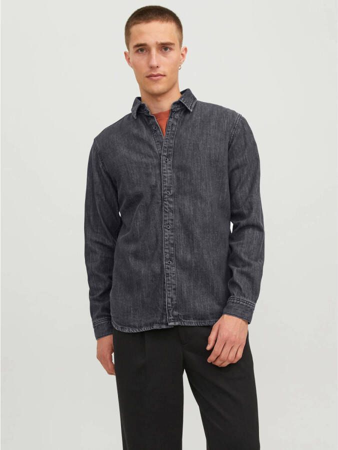 JACK & JONES JEANS INTELLIGENCE gemêleerd regular fit denim overhemd JJIHENRY zwart