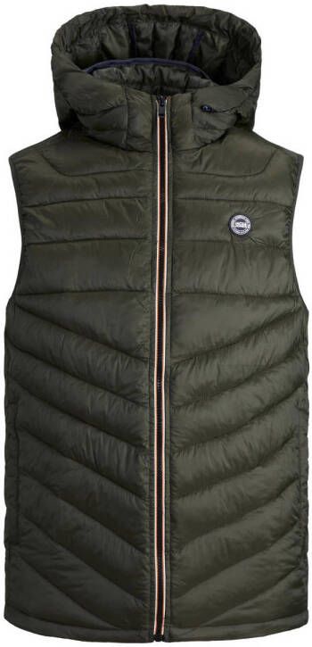 Jack & jones JUNIOR bodywarmer JJEHERO met logo donkergroen Jongens Polyester Capuchon 164