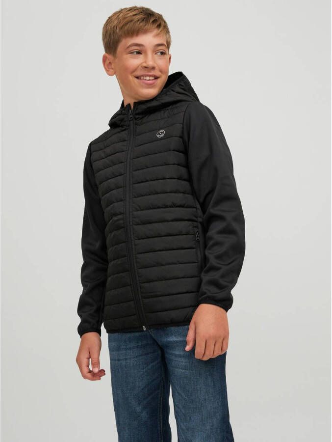 Jack & jones JUNIOR gewatteerde tussenjas JJEMULTI met logo zwart Jongens Polyester Capuchon 128