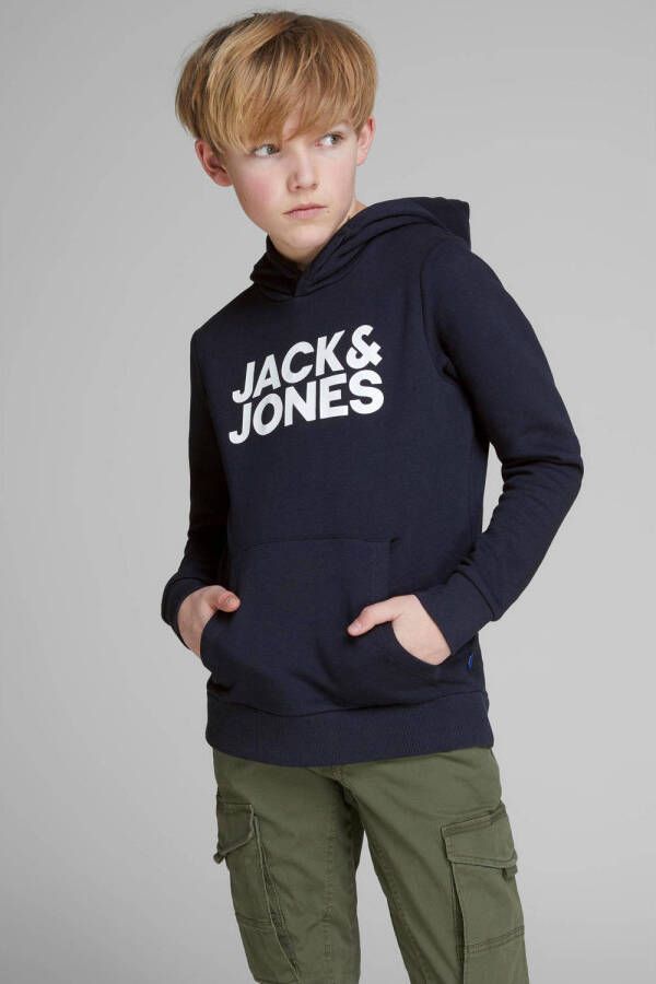 Jack & jones JUNIOR hoodie JJECORP met logo donkerblauw wit Sweater Jongens Katoen Capuchon 164