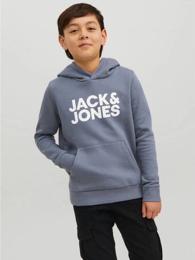 Jack & jones JUNIOR hoodie JJECORP met logo grijsblauw Sweater Logo 116