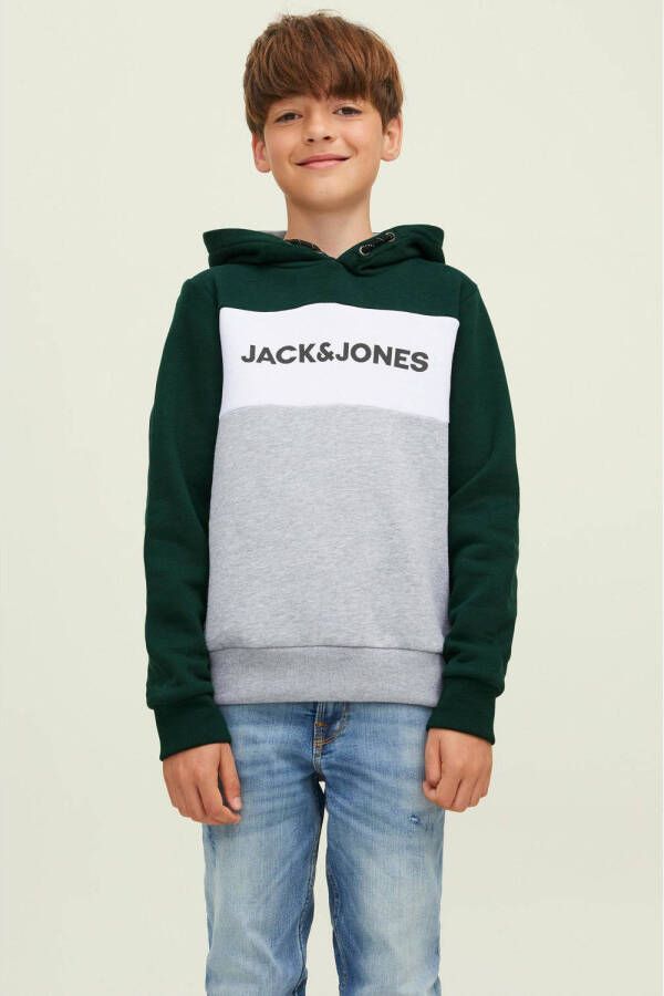 Jack & jones JUNIOR hoodie JJELOGO met logo donkergroen wit grijs melange Sweater 152