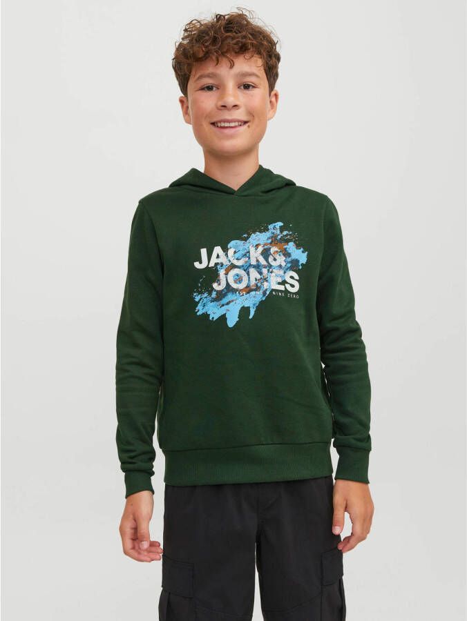 Jack & jones JUNIOR hoodie JJNELSON met printopdruk donkergroen Sweater 128