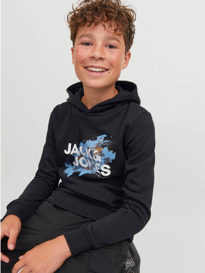 Jack & jones JUNIOR hoodie JJNELSON met printopdruk zwart Sweater Printopdruk 128
