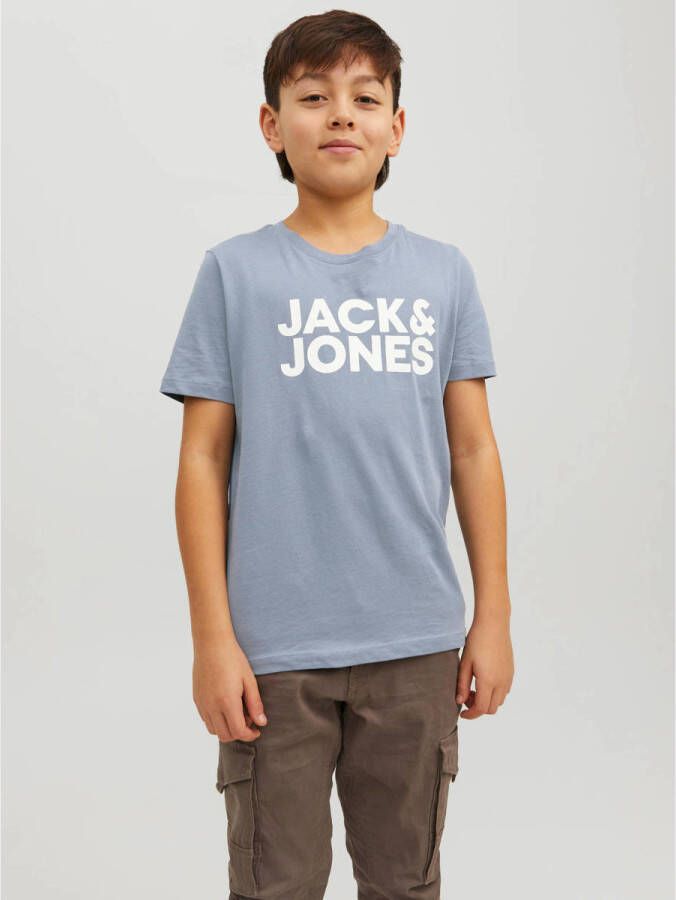 Jack & jones JUNIOR T-shirt JJECORP met logo lichtblauw Jongens Biologisch katoen Ronde hals 140
