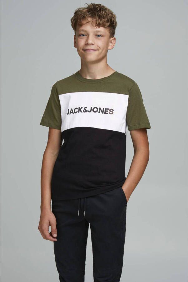 Jack & jones JUNIOR T-shirt JJELOGO met logo army groen wit zwart Jongens Katoen Ronde hals 128