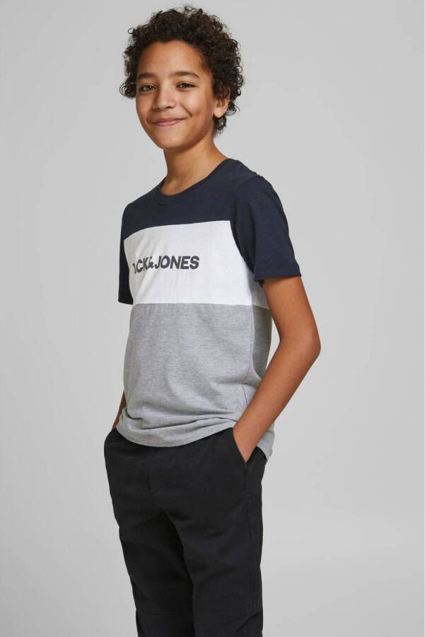 Jack & jones JUNIOR T-shirt JJELOGO met logo donkerblauw wit grijs melange Jongens Katoen Ronde hals 128