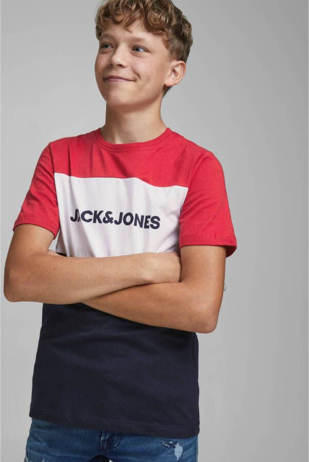 Jack & jones JUNIOR T-shirt JJELOGO met logo rood wit donkerblauw Jongens Katoen Ronde hals 128