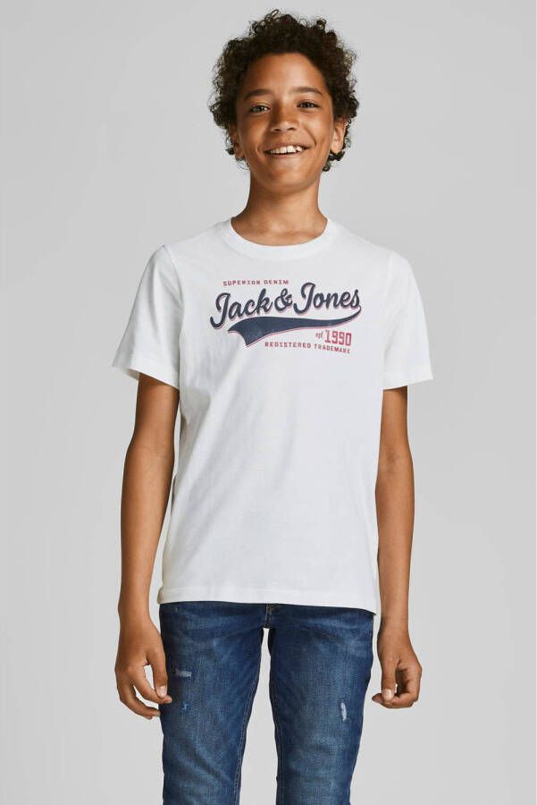 Jack & jones JUNIOR T-shirt JJELOGO met tekst wit Jongens Katoen Ronde hals 140