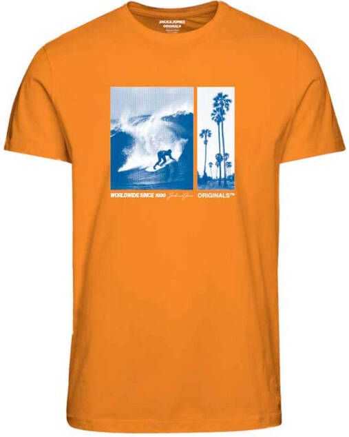 Jack & jones JUNIOR T-shirt JORBOOSTER met logo oranje Jongens Katoen Ronde hals 152